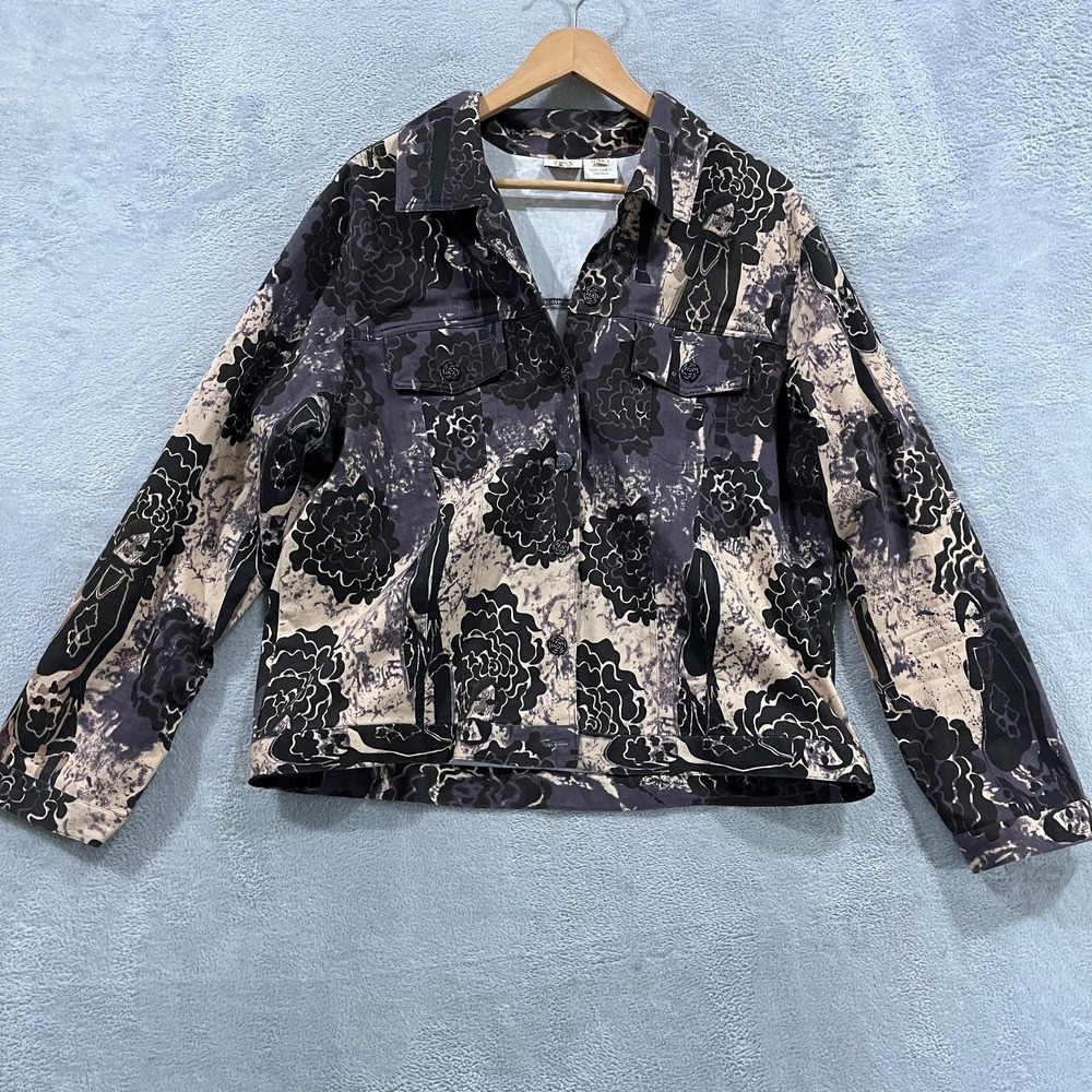 LA‎ Blend Floral Batik Trucker Jacket Womens XL Black Cream Woodblock Print